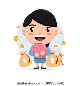 Character of woman holding piggy bank money and sack of money, smart girl, flat design illustration