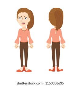 The character of a woman with a long hair and red-tone attire in the front and back view.
