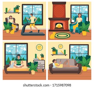 Character woman and man relax training and read book in country house, concept design cozy interior place set cartoon vector illustration. Person surf in internet, practice run treadmill. Window view.