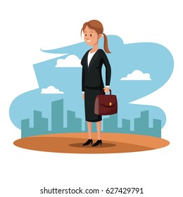 character woman manager suit briefcase cityscape labor day