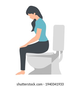 character woman peeing or poops urine sits on toilet on white background isolate Flat vector illustration