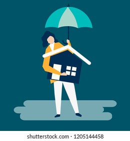 Character of a woman and residential protection concept illustration