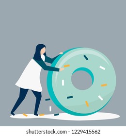 Character of a woman rolling a giant donut illustration