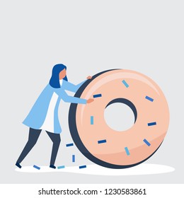 Character of a woman rolling a giant donut illustration