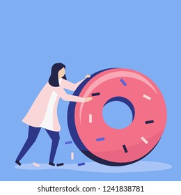 Character of a woman rolling a giant donut illustration