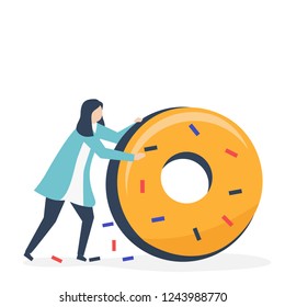 Character of a woman rolling a giant donut illustration