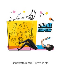 character woman with shopping online icons