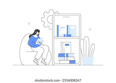 Character Woman sitting at home and reading book in online library on smartphone. Student with open book in hands studying in library. Online education concept. Flat Cartoon Vector Illustration, icon 