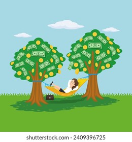 Character woman sleeping with hammock tied between two money trees. illustration vector cartoon.