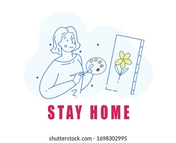 The character of the woman  Stay home during the coronavirus pandemic. Home quarantine. Vector illustration.