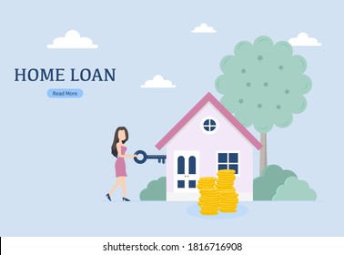 Character Woman Unlock The House Key. People Invest Money In Real Estate Property. House Loan, Rent And Mortgage Concept. Flat Style Vector Illustration.