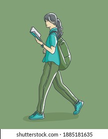 Character woman walking while reading. hand drawn style vector outline design illustrations.
