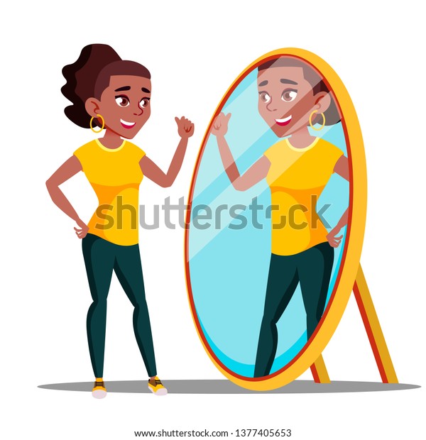 人物の女性は 鏡を見て ベクター画像を崇拝します 鏡に映る自信を持って話す自己陶酔的な女の子 モチベーション自己中心的なコンセプト 平らなカートーンイラスト のベクター画像素材 ロイヤリティフリー