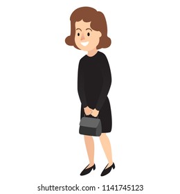 The character of a woman wearing black dress and a pair of high heel holding a bag facing to the left side.