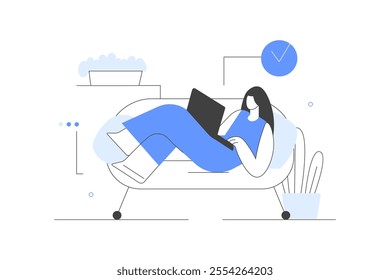 Character Woman working at home office and coworking space. Woman freelancer working on laptop at home. Cozy home office, work at home, online education. Flat Cartoon Vector Illustration, icon