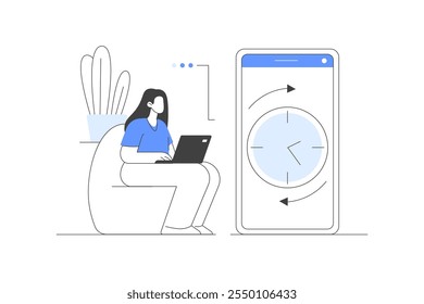 Character woman working on part and full time job positions or freelance at home. Flexible and hybrid working hours. Flat Cartoon Vector Illustration, icon. Stylish abstract