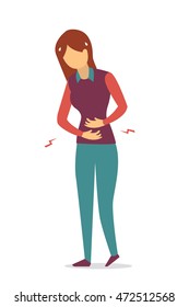 Character Of Woman At Workplace Get Pain In Abdominal Problem. Vector Illustration Flat Design.