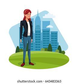 character woman young standing grass city background