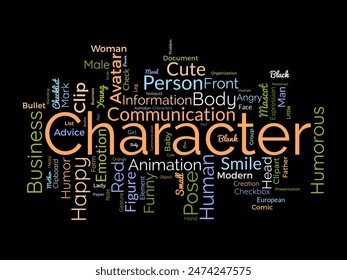 Plantilla de nube de palabras de carácter. Ilustración avatar concepto Vector tagcloud fondo.