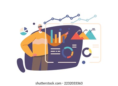 Character Work with Data in Cyberspace. Concept of Analytics, Finance Risk Management, Artificial Intelligence, Machine Learning, Man in Vr Goggles at AR Dashboard. Cartoon People Vector Illustration