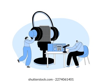 Character Work On Radio Concept. Male Radio Dj Amateur Character Speak To Microphone Broadcasting Program On Air