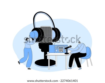 Character Work On Radio Concept. Male Radio Dj Amateur Character Speak To Microphone Broadcasting Program On Air
