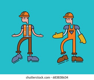 The character of a worker man in overalls, orange uniform. Vector illustration, isolated on white background.