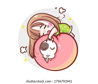 Character of working hard girl sleeping on peach isolated on white background with exhausted concept.