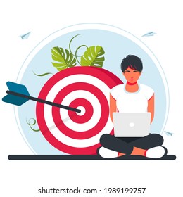 character working at laptop in lotus position, sitting at a target. Move up motivation, path to the target's achievement, successful contract teamwork. Vector illustration