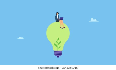 A character working with laptop on sustainable lightbulb. Sustainability, ESG, eco environment friendly or clean energy solution, green renewable power, reuse or recycle ecosystem, green corporate.