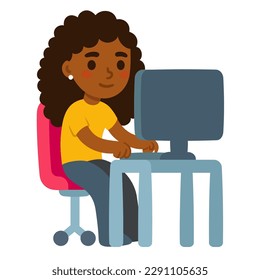 Character working on computer at office desk. Cute cartoon Black girl, student or employee. Simple flat style vector illustration.