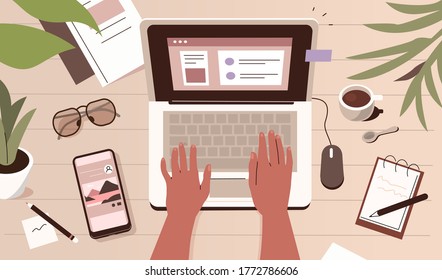 Character Working on Laptop at Home or Office Desk. Hands Typing on Keyboard. Business Person at Work. Home Office and Freelancing Concept. Flat Cartoon Vector  Illustration.