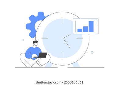 Character working on part and full time job positions or freelance at home. Big clock. Flexible and hybrid working hours. Flat Cartoon Vector Illustration, icon. Stylish abstract