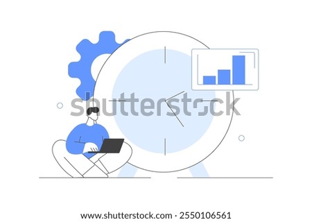 Character working on part and full time job positions or freelance at home. Big clock. Flexible and hybrid working hours. Flat Cartoon Vector Illustration, icon. Stylish abstract