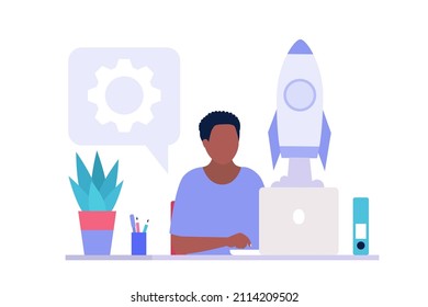 Caracteres trabajando en el inicio. Cohetes como símbolo para el inicio. Ilustración vectorial en un estilo plano