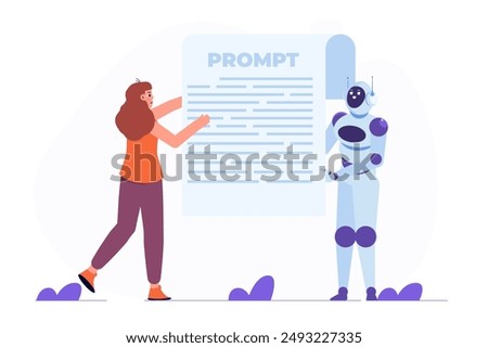 Character working as a prompt engineer, creating content using a generative AI model. Concept of artificial intelligence in business. Vector illustration
