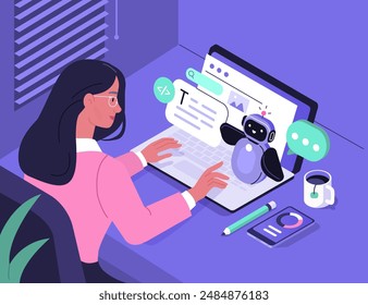 Character working as prompt engineer generating text and image content with generative AI model  and chat bot. Artificial intelligence in business concept. Vector illustration.