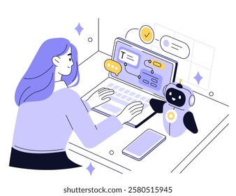 Character working as prompt engineer solving work tasks with generative AI model and chat bot. Artificial intelligence in business concept. Vector illustration.