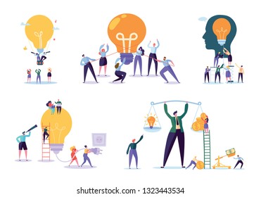 Character Working Together New Project. Business Concept Vector Illustration, Teamwork Help Achieve Idea, Light Lamp Bulb Shining, Idea Appear, Symbol Creativity Mind Thinking.