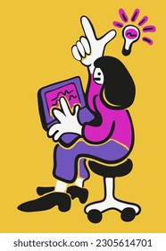 personaje trabajando en vector.idea ilustración.chica sentada en silla de computadora trabajando en laptop. compañeros de trabajo de estilo plano. negociaciones de cooperación para la lluvia de ideas reunión estructura de análisis de datos 