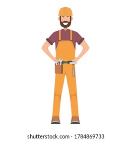 Character workman standing isolated on white, flat vector illustration. Hard working professional human male. Smiling professional person, social occupation.