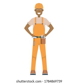 Character workman standing isolated on white, flat vector illustration. Human male hard working professional. Smiling profession person, social occupation.
