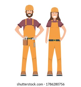Character workman standing isolated on white, flat vector illustration. Human male and female important hard worker professional activity, smiling people profession, social occupation.