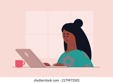 Character works on a laptop. Colorful flat vector illustration