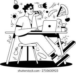 Character works on laptop while eating pizza in simple workspace