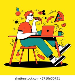 Character works on laptop while enjoying pizza in bright room with lively colors