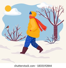 Character wrapped in warm clothes, woolen coat and knitted scarf and hat walking through winter park. Forest with snowy scenery, bushes and trees with bare branches and bullfinch on twig, vector