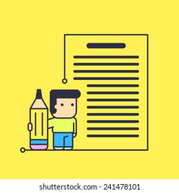 character writes big text. abstract conceptual illustration.