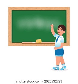 El personaje escribe con tiza en una pizarra escolar. De vuelta a la escuela. Día del Conocimiento. Vector. Estilo de caricatura.