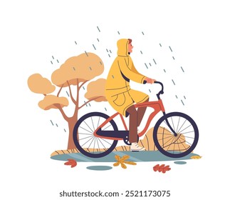 Character In A Yellow Raincoat Riding A Bicycle In A Scenic Autumn Rainy Environment With Falling Leaves And A Tree
